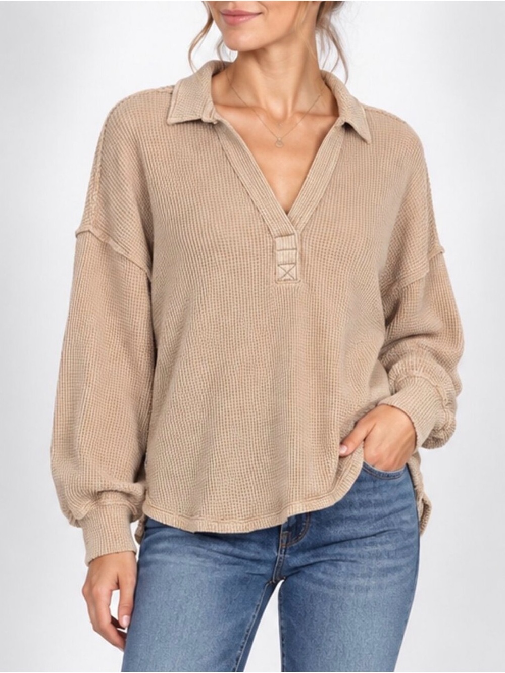 Aerie Women’s Shirt Top Waffle V Neck Oversized Tan Cotton Blend Size XXS